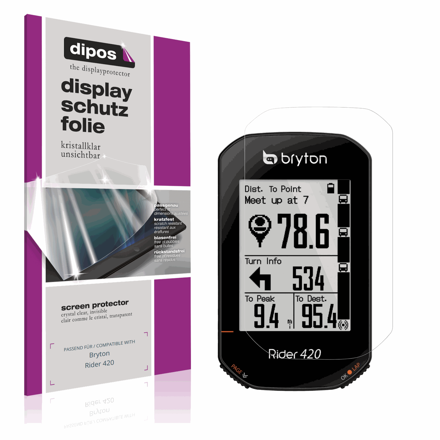 Klare Displayschutzfolie von dipos passend für Bryton Rider 420, präziser Zuschnitt und blasenfrei montiert