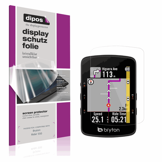 Klare Displayschutzfolie von dipos passend für Bryton Rider 550, präziser Zuschnitt und blasenfrei montiert
