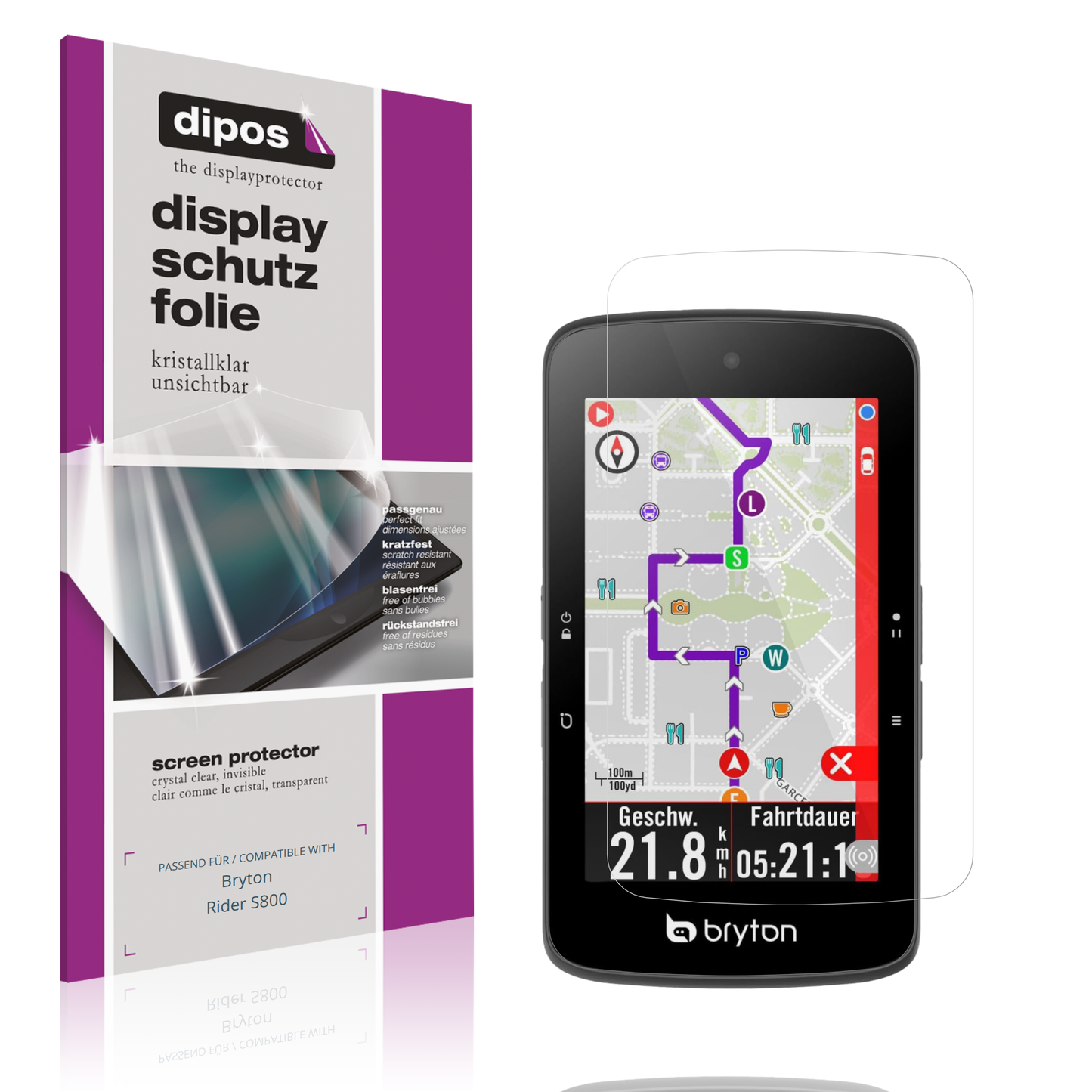 Klare Displayschutzfolie von dipos passend für Bryton Rider S800, präziser Zuschnitt und blasenfrei montiert