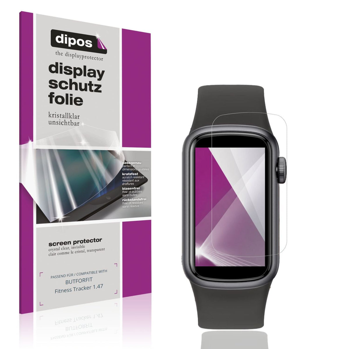 Klare Displayschutzfolie von dipos passend für BUTFORFIT Fitness Tracker 1.47, präziser Zuschnitt und blasenfrei montiert