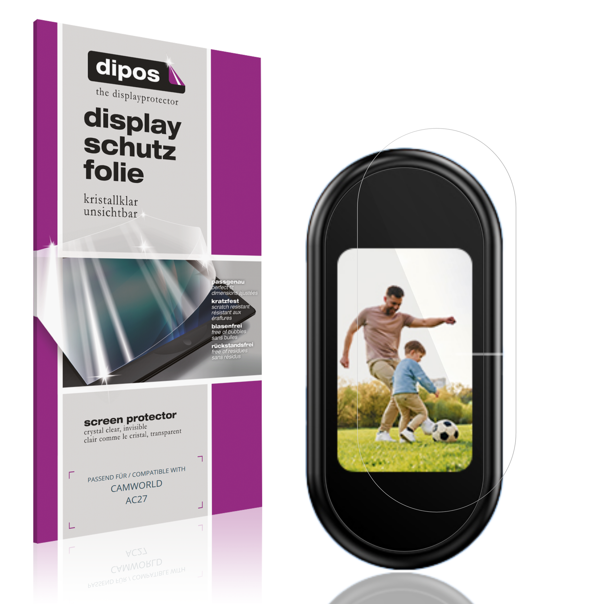 Klare Displayschutzfolie von dipos passend für CAMWORLD AC27, präziser Zuschnitt und blasenfrei montiert