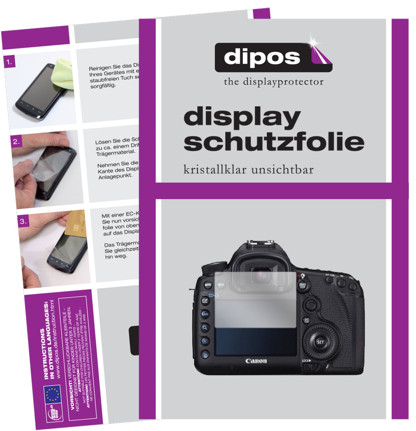 Klare Displayschutzfolie von dipos passend für Canon EOS 5D Mark III, präziser Zuschnitt und blasenfrei montiert