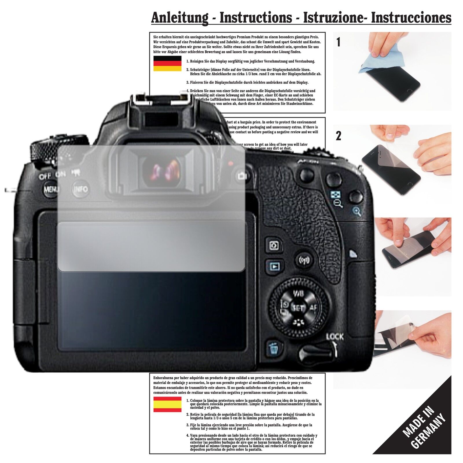 Klare Displayschutzfolie von dipos passend für Canon EOS 77D, präziser Zuschnitt und blasenfrei montiert