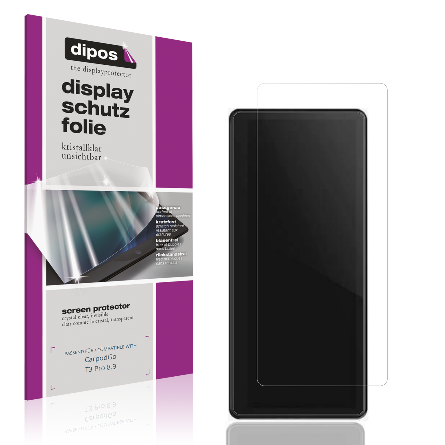 Klare Displayschutzfolie von dipos passend für CarpodGo T3 Pro 8.9, präziser Zuschnitt und blasenfrei montiert