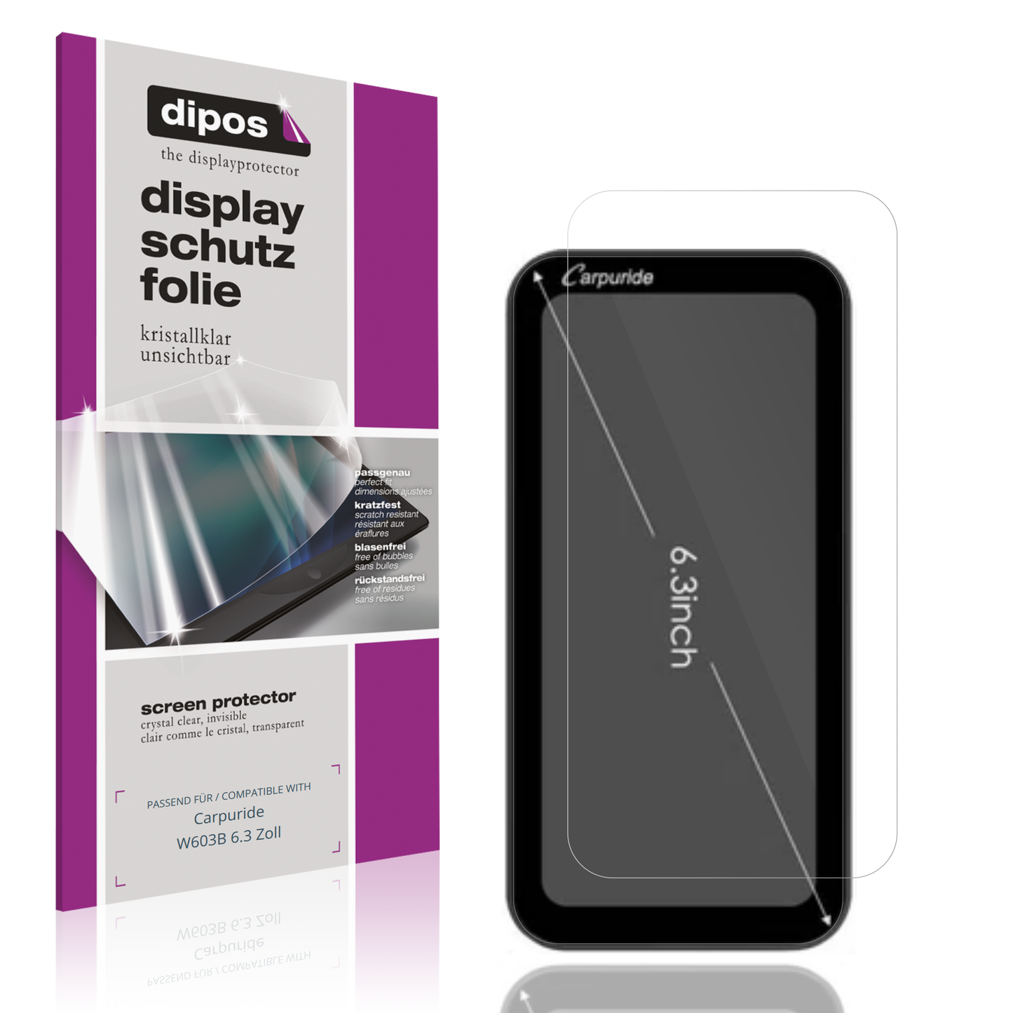 Klare Displayschutzfolie von dipos passend für Carpuride W603B 6.3 Zoll, präziser Zuschnitt und blasenfrei montiert