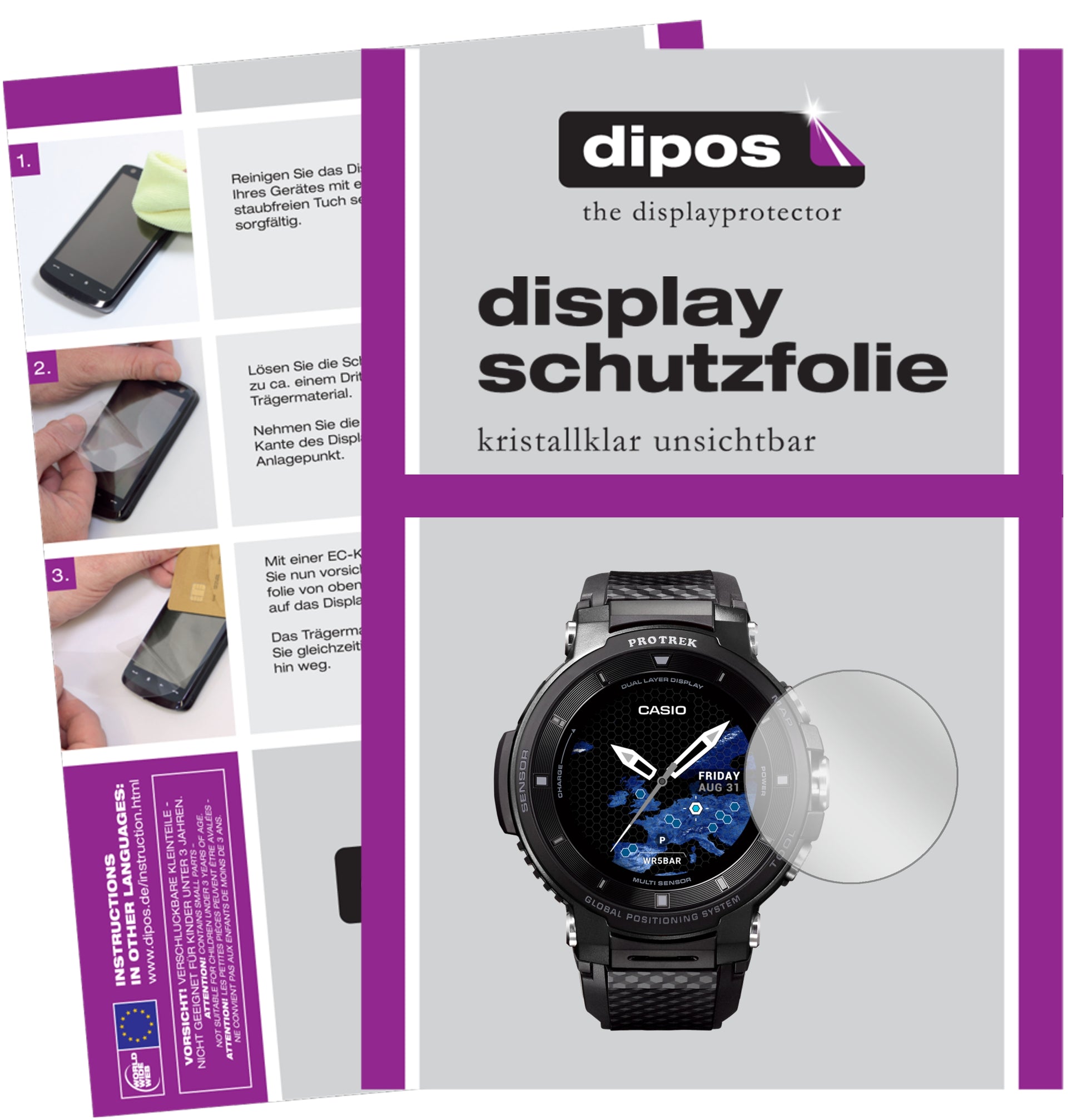 Klare Displayschutzfolie von dipos passend für Casio Pro Trek smart WSD-F30, präziser Zuschnitt und blasenfrei montiert