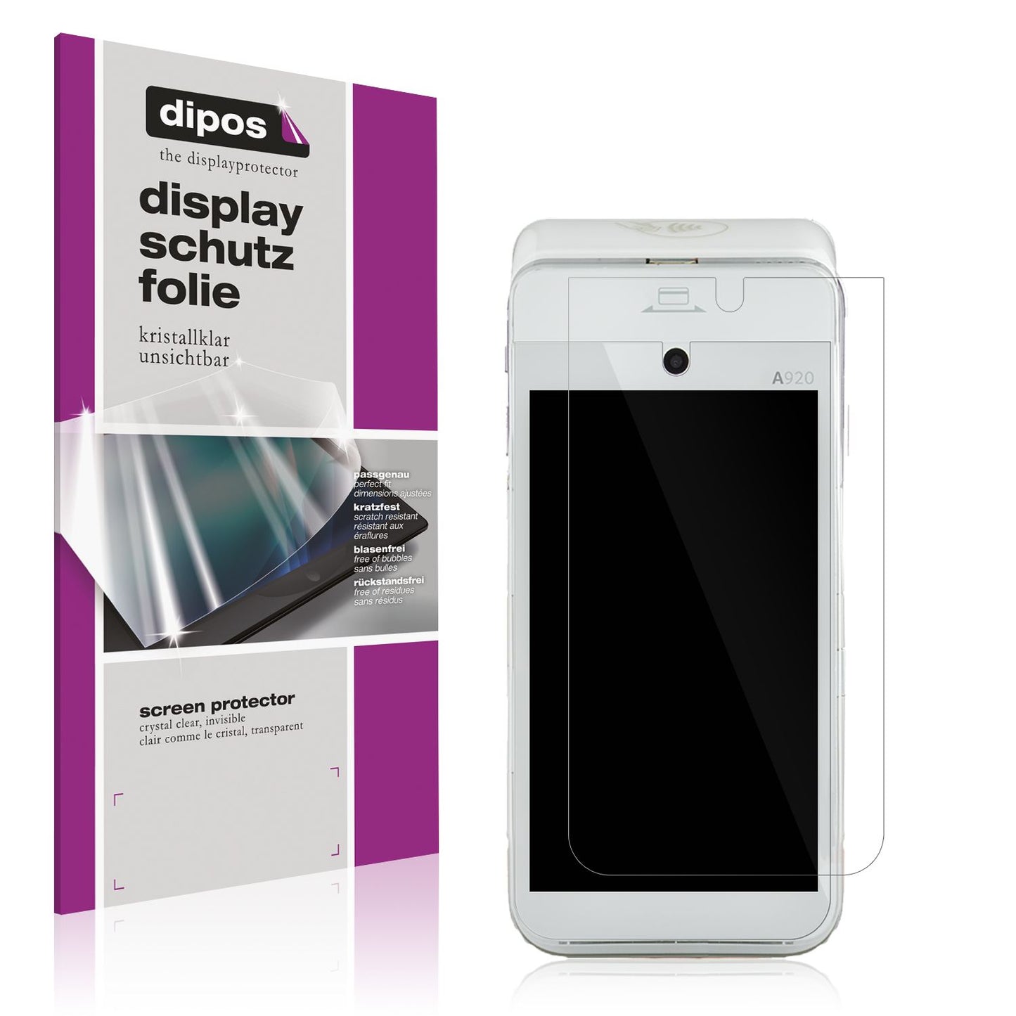 Klare Displayschutzfolie von dipos passend für CCV mobile A920, präziser Zuschnitt und blasenfrei montiert