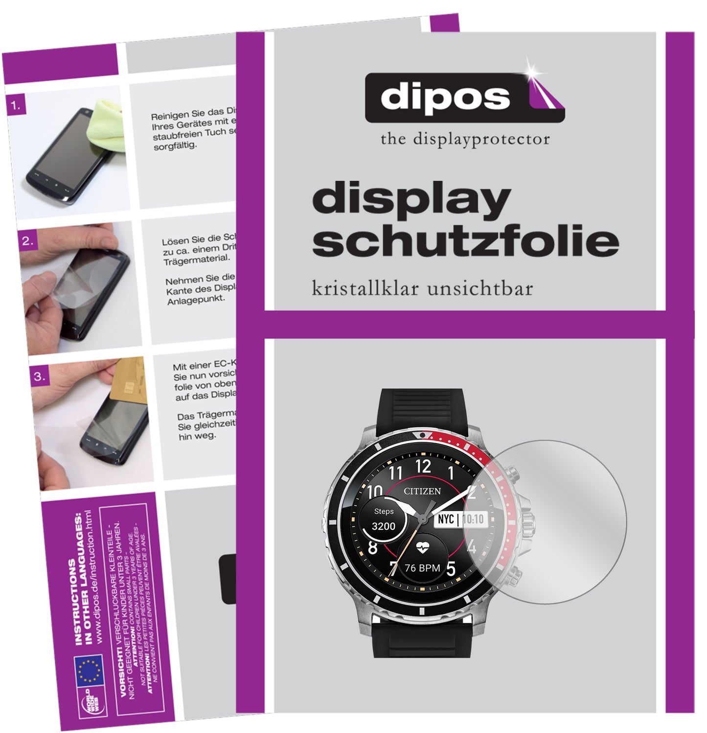 Klare Displayschutzfolie von dipos passend für Citizen CZ Smart, präziser Zuschnitt und blasenfrei montiert