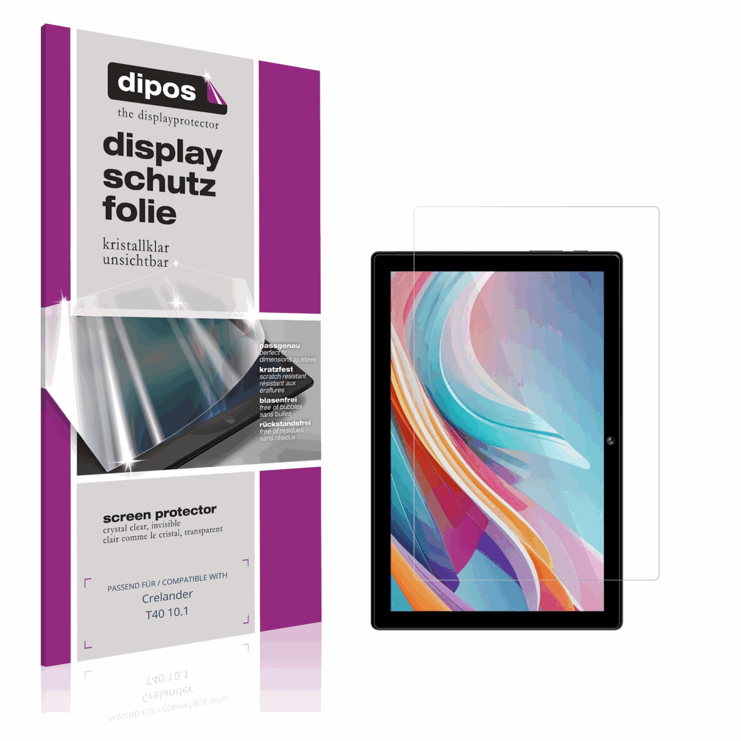 Klare Displayschutzfolie von dipos passend für Crelander T40 10.1, präziser Zuschnitt und blasenfrei montiert