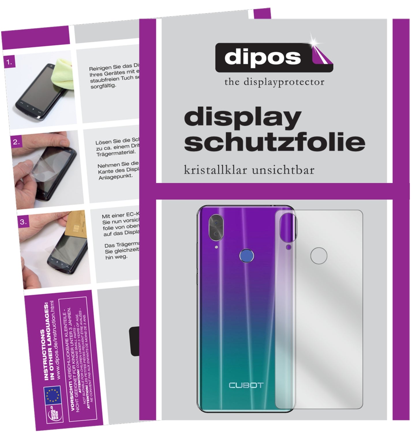 Klare Displayschutzfolie von dipos passend für Cubot X19 Rückseite, präziser Zuschnitt und blasenfrei montiert