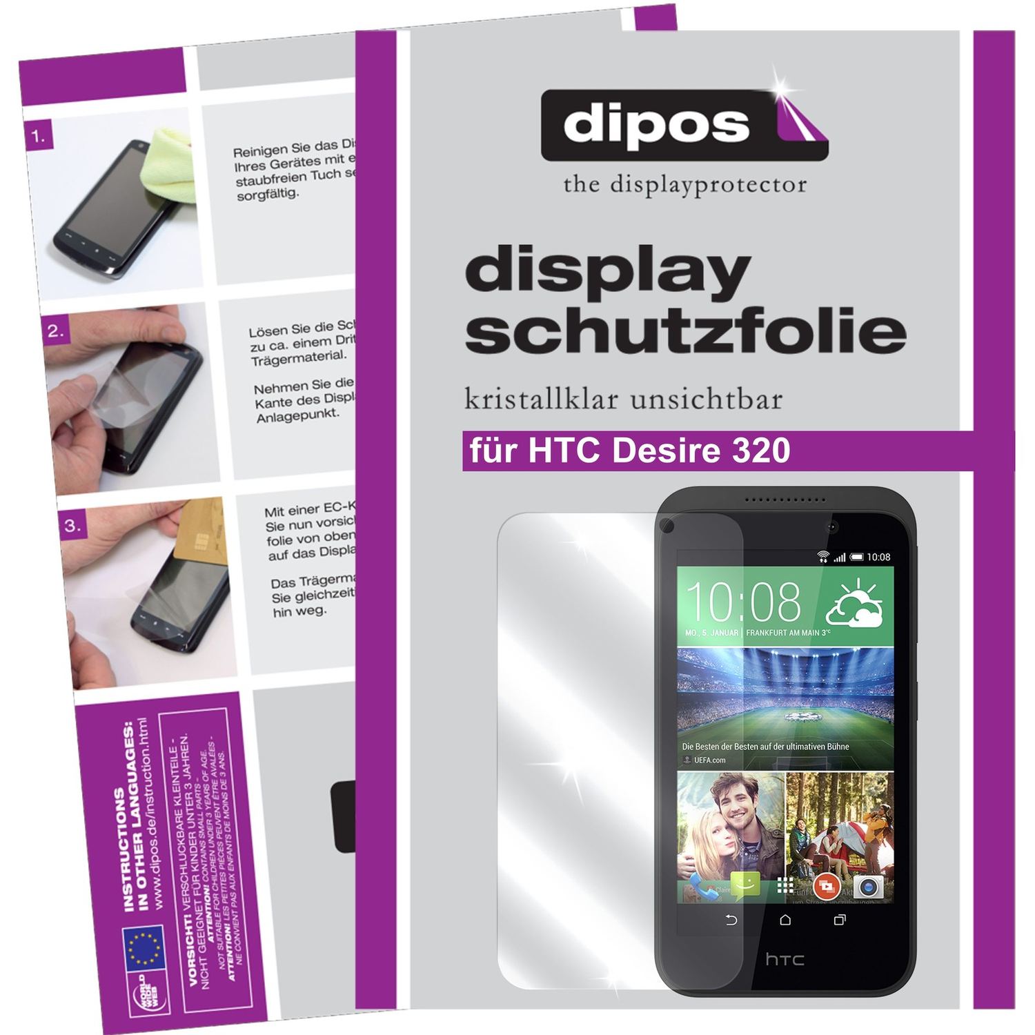 Klare Displayschutzfolie von dipos passend für Desire 320 HTC, präziser Zuschnitt und blasenfrei montiert