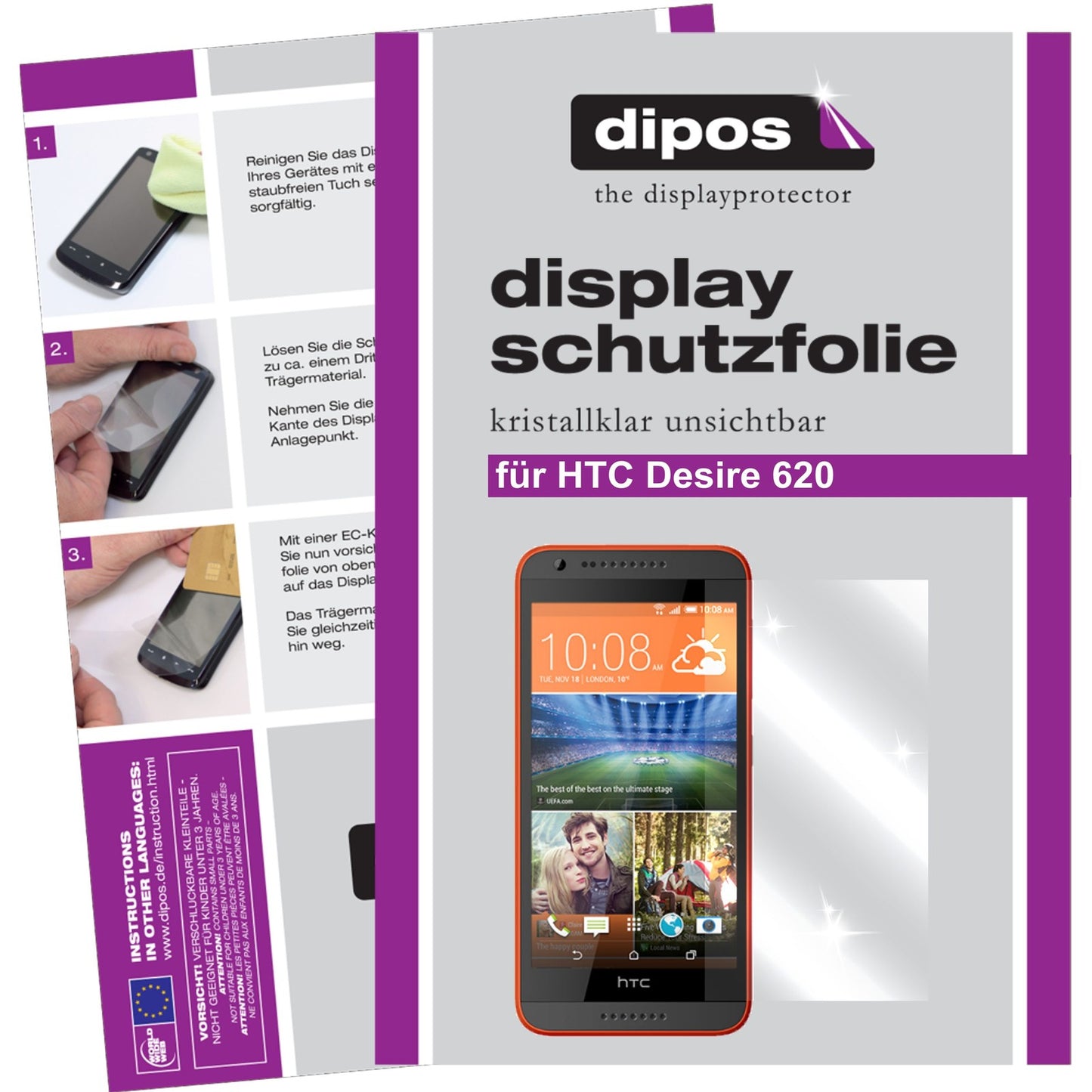 Klare Displayschutzfolie von dipos passend für Desire 620 HTC, präziser Zuschnitt und blasenfrei montiert