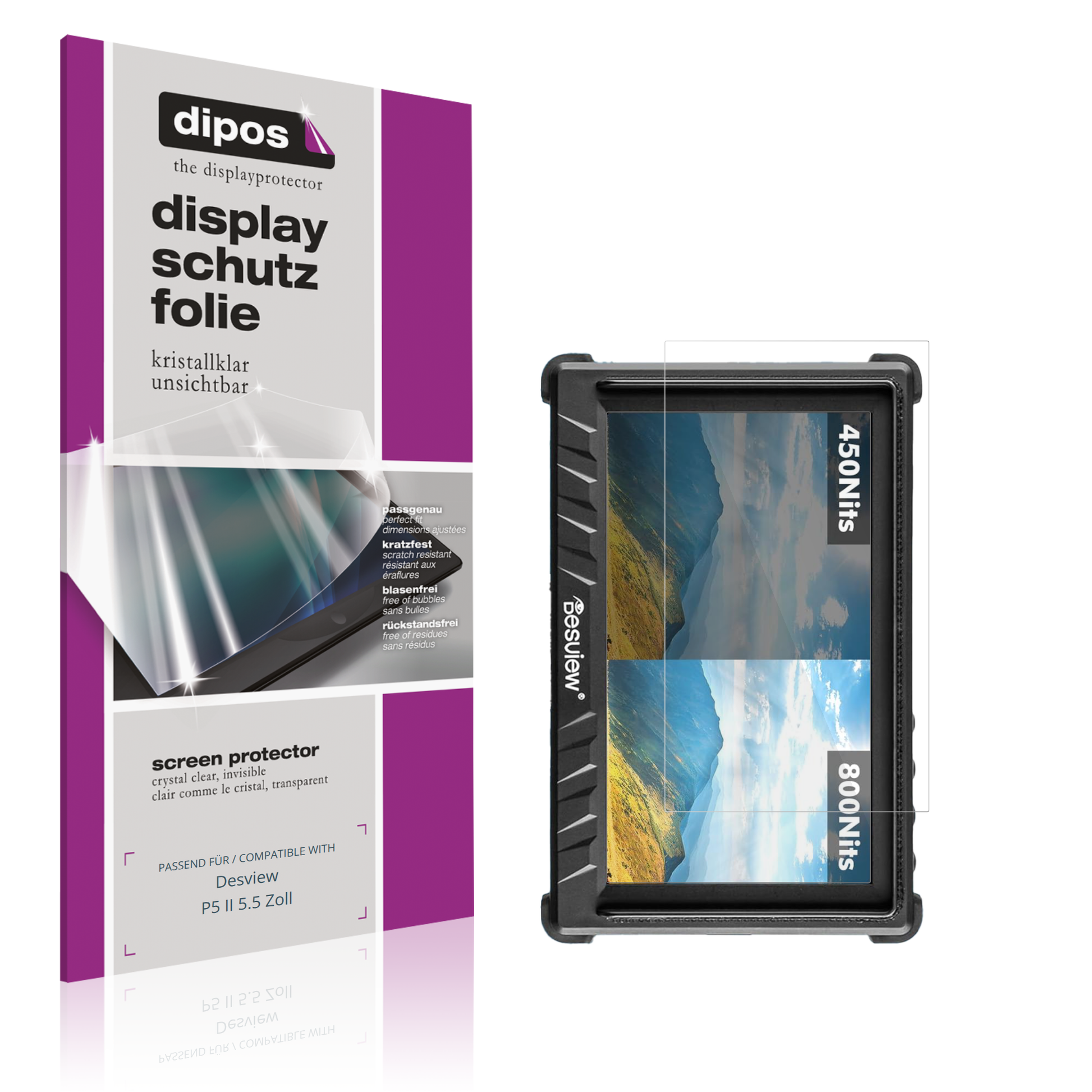 Klare Displayschutzfolie von dipos passend für Desview P5 II 5.5 Zoll, präziser Zuschnitt und blasenfrei montiert