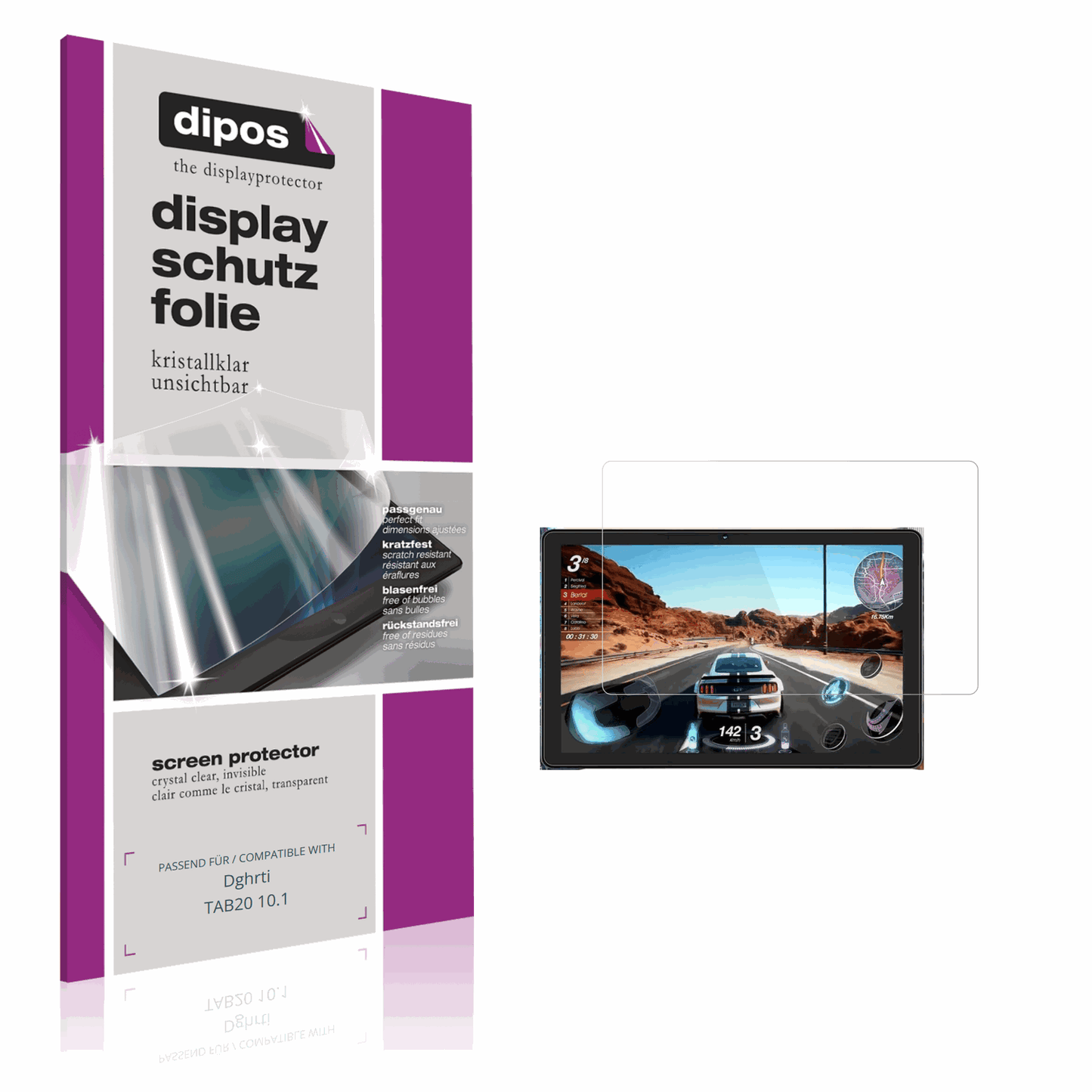Klare Displayschutzfolie von dipos passend für Dghrti TAB20 10.1, präziser Zuschnitt und blasenfrei montiert