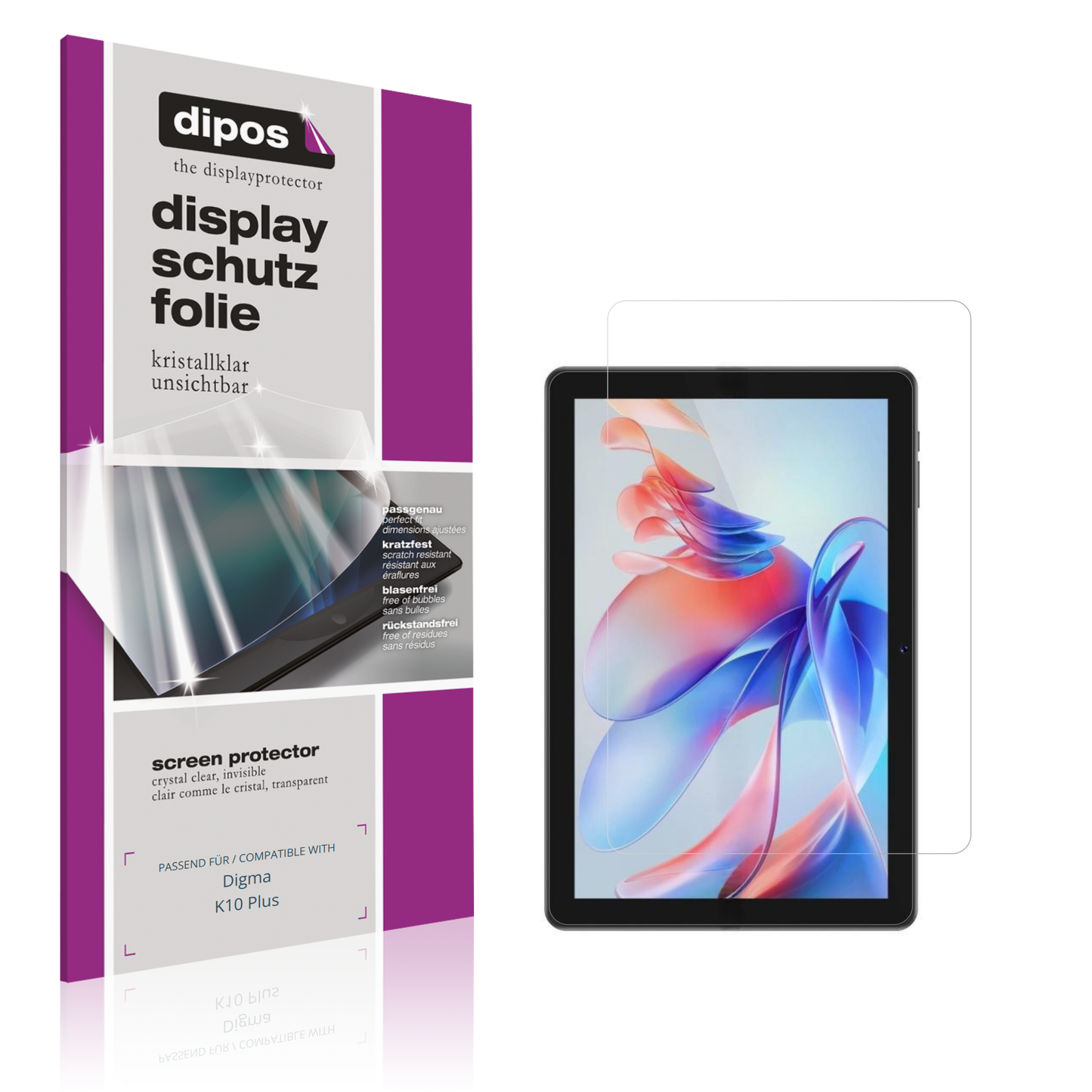 Klare Displayschutzfolie von dipos passend für Digma K10 Plus, präziser Zuschnitt und blasenfrei montiert