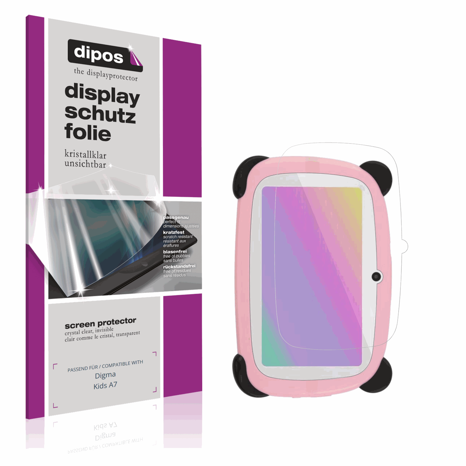 Klare Displayschutzfolie von dipos passend für Digma Kids A7, präziser Zuschnitt und blasenfrei montiert