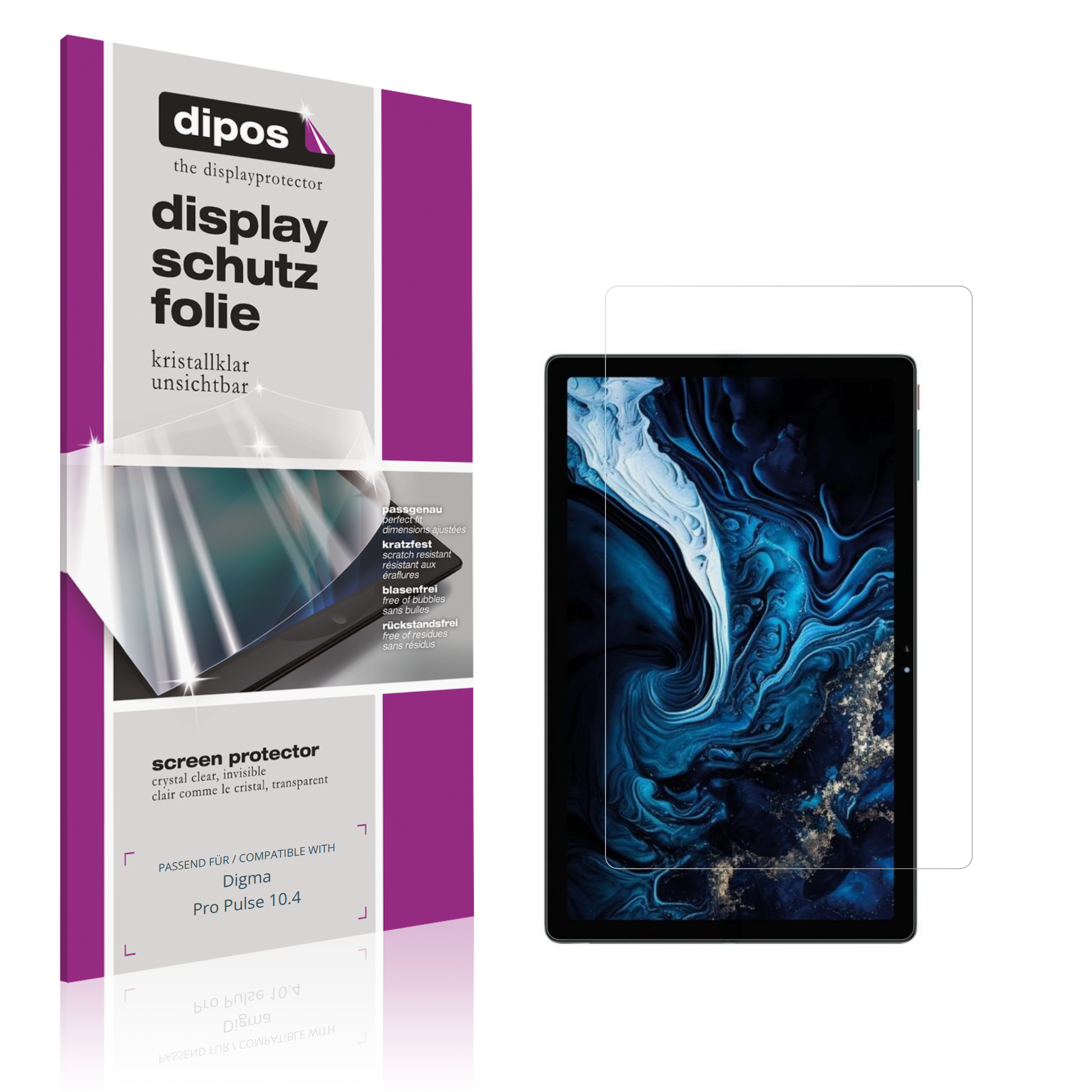Klare Displayschutzfolie von dipos passend für Digma Pro Pulse 10.4, präziser Zuschnitt und blasenfrei montiert