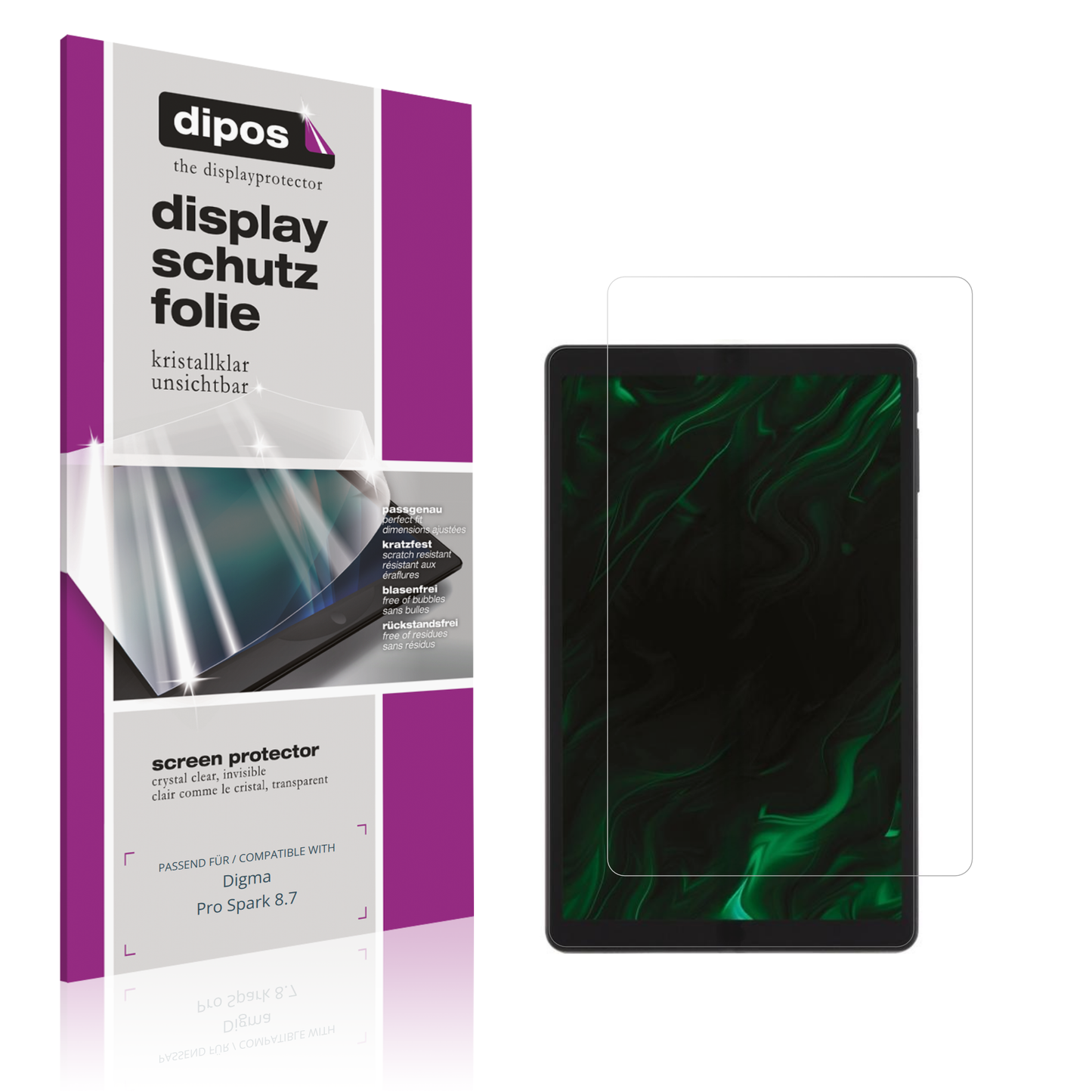 Klare Displayschutzfolie von dipos passend für Digma Pro Spark 8.7, präziser Zuschnitt und blasenfrei montiert