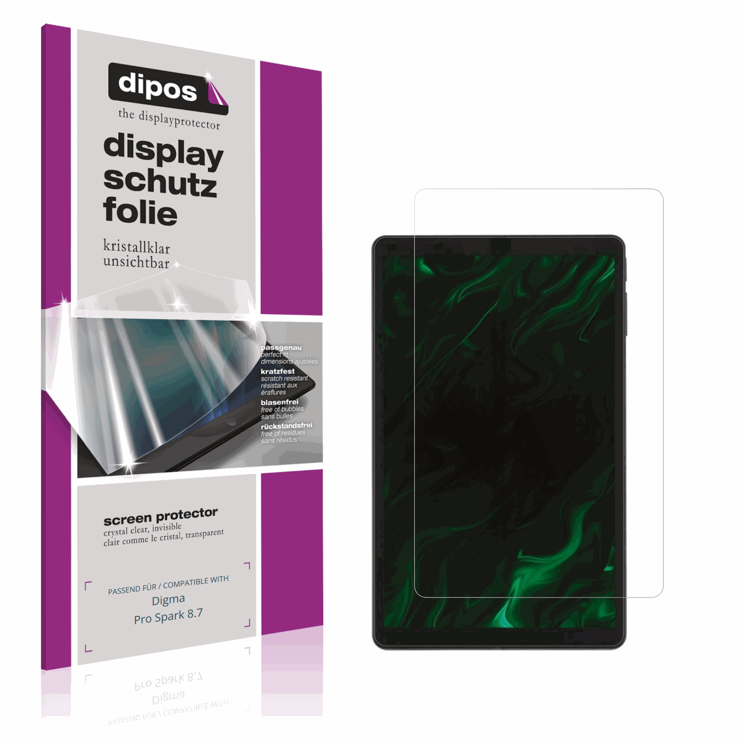Klare Displayschutzfolie von dipos passend für Digma Pro Spark 8.7, präziser Zuschnitt und blasenfrei montiert