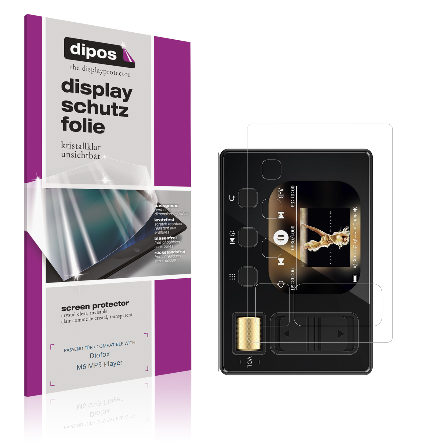 Klare Displayschutzfolie von dipos passend für Diofox M6 MP3-Player, präziser Zuschnitt und blasenfrei montiert
