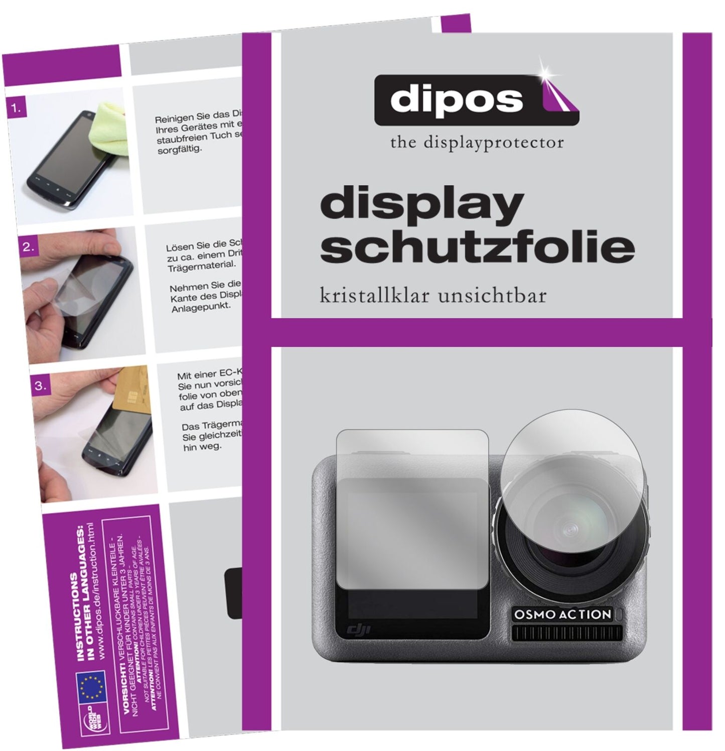 Klare Displayschutzfolie von dipos passend für DJI Osmo Action, präziser Zuschnitt und blasenfrei montiert