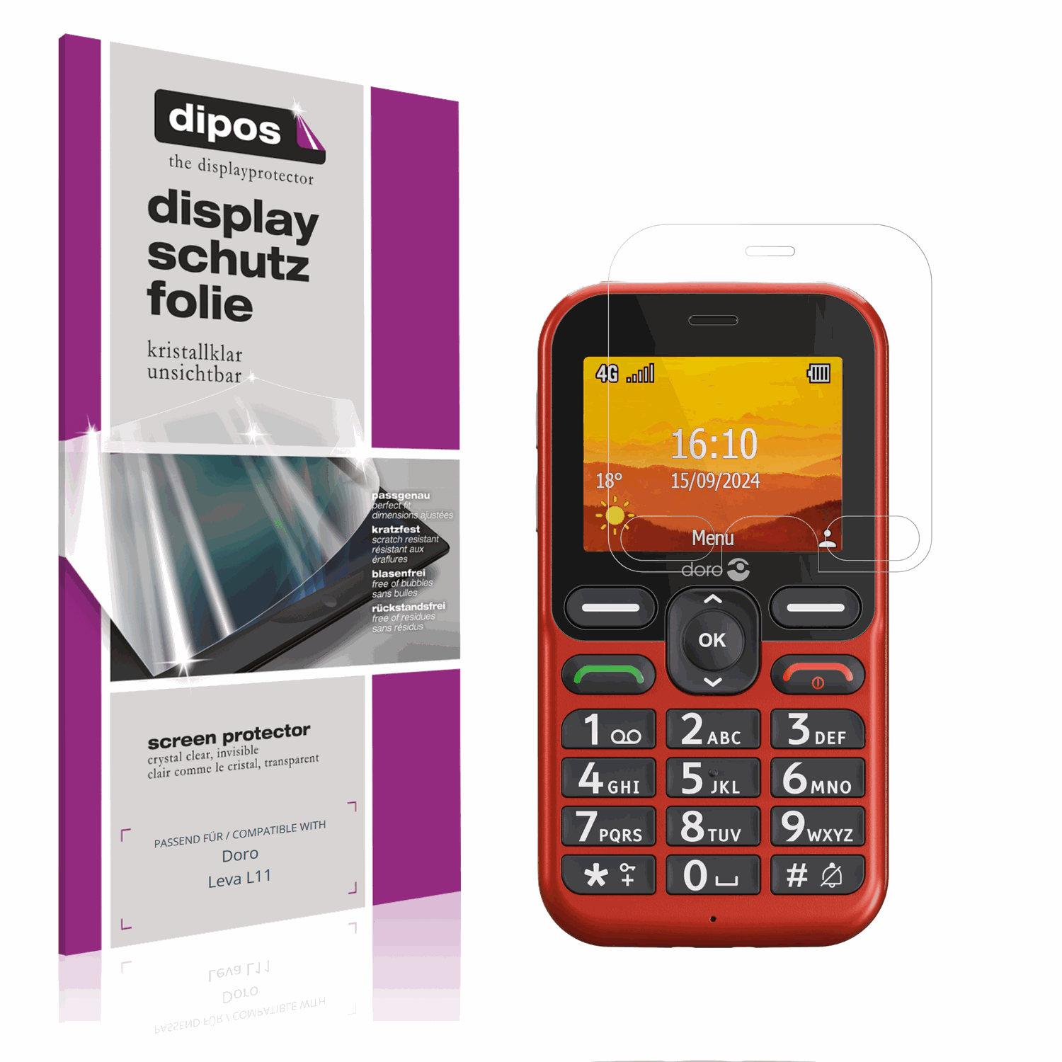 Klare Displayschutzfolie von dipos passend für Doro Leva L11, präziser Zuschnitt und blasenfrei montiert