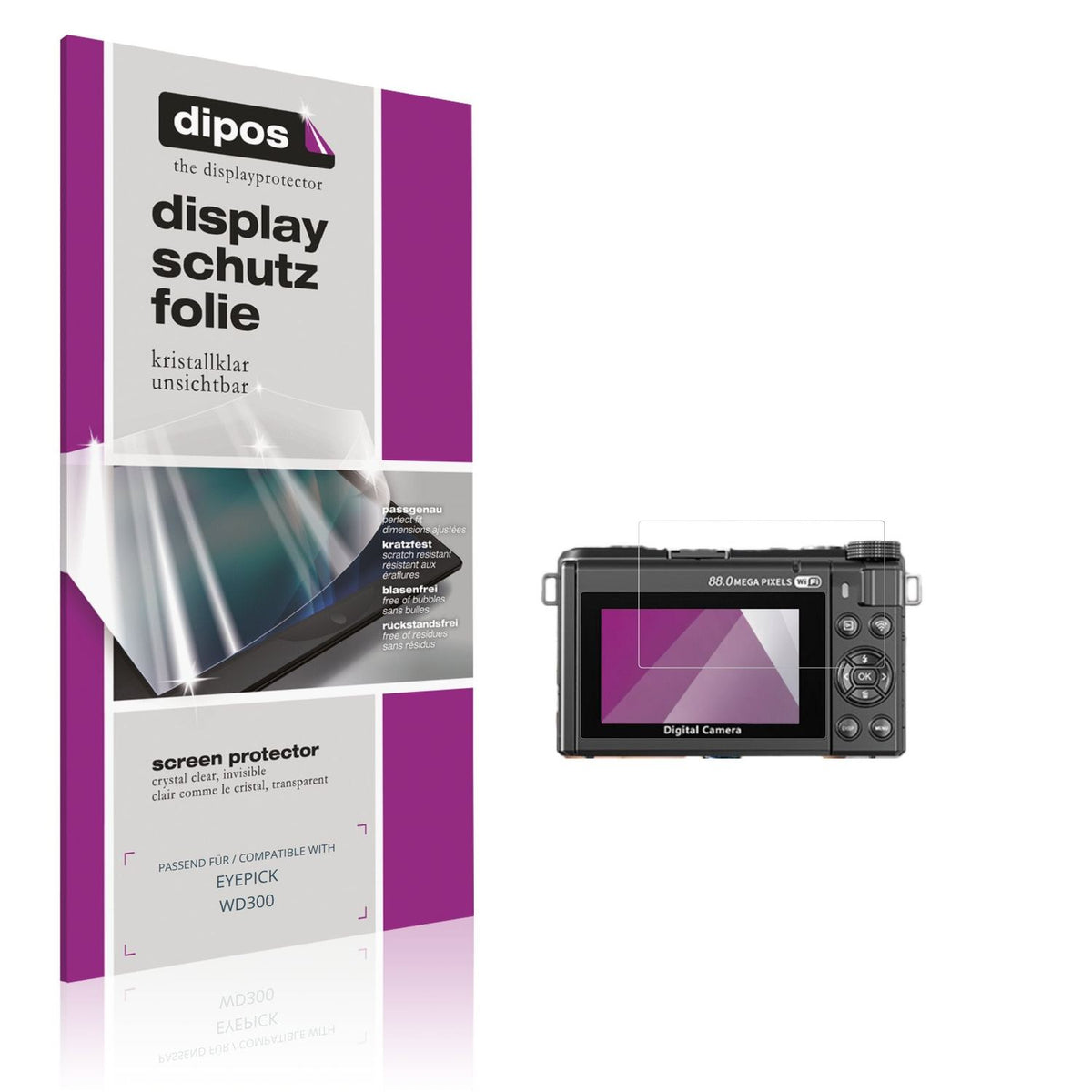 Klare Displayschutzfolie von dipos passend für EYEPICK WD300, präziser Zuschnitt und blasenfrei montiert