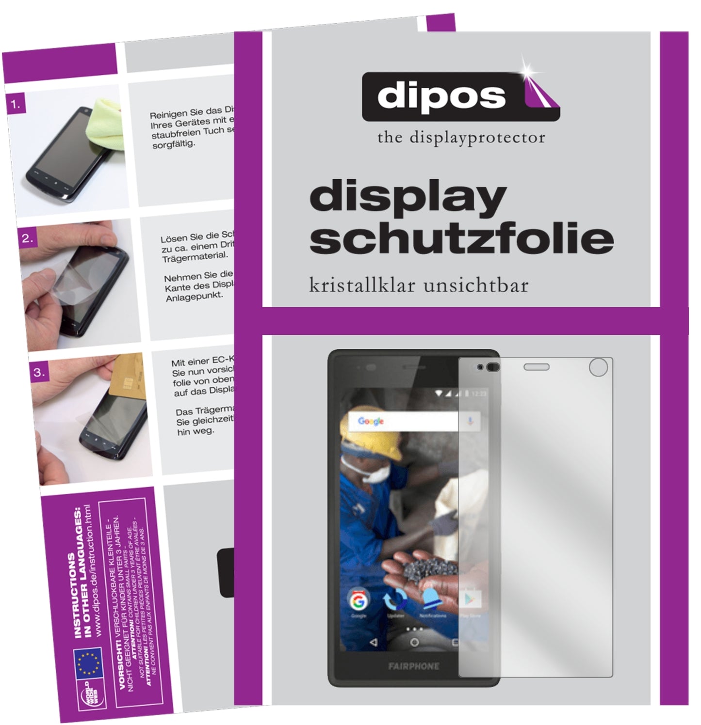 Klare Displayschutzfolie von dipos passend für Fairphone 2, präziser Zuschnitt und blasenfrei montiert