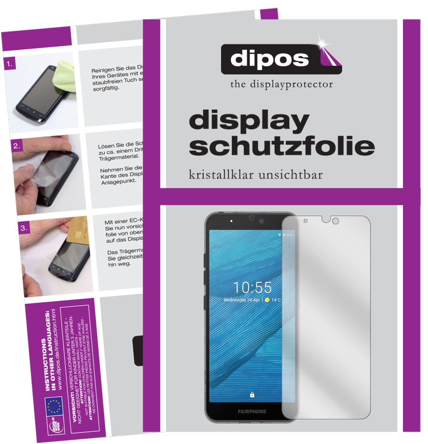 Klare Displayschutzfolie von dipos passend für Fairphone 3, präziser Zuschnitt und blasenfrei montiert