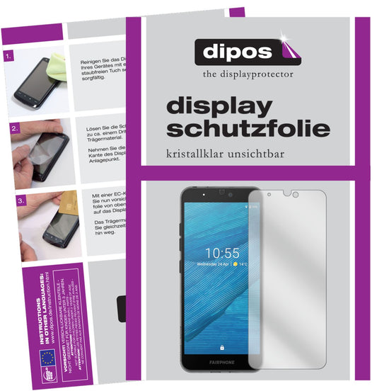 Klare Displayschutzfolie von dipos passend für Fairphone 3, präziser Zuschnitt und blasenfrei montiert