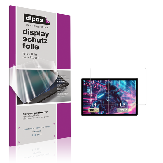 Klare Displayschutzfolie von dipos passend für fezawio F11 10.1, präziser Zuschnitt und blasenfrei montiert