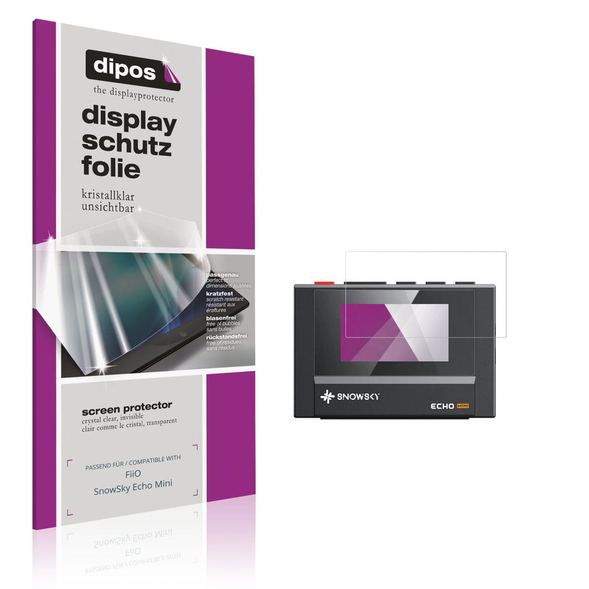 Klare Displayschutzfolie von dipos passend für FiiO SnowSky Echo Mini, präziser Zuschnitt und blasenfrei montiert