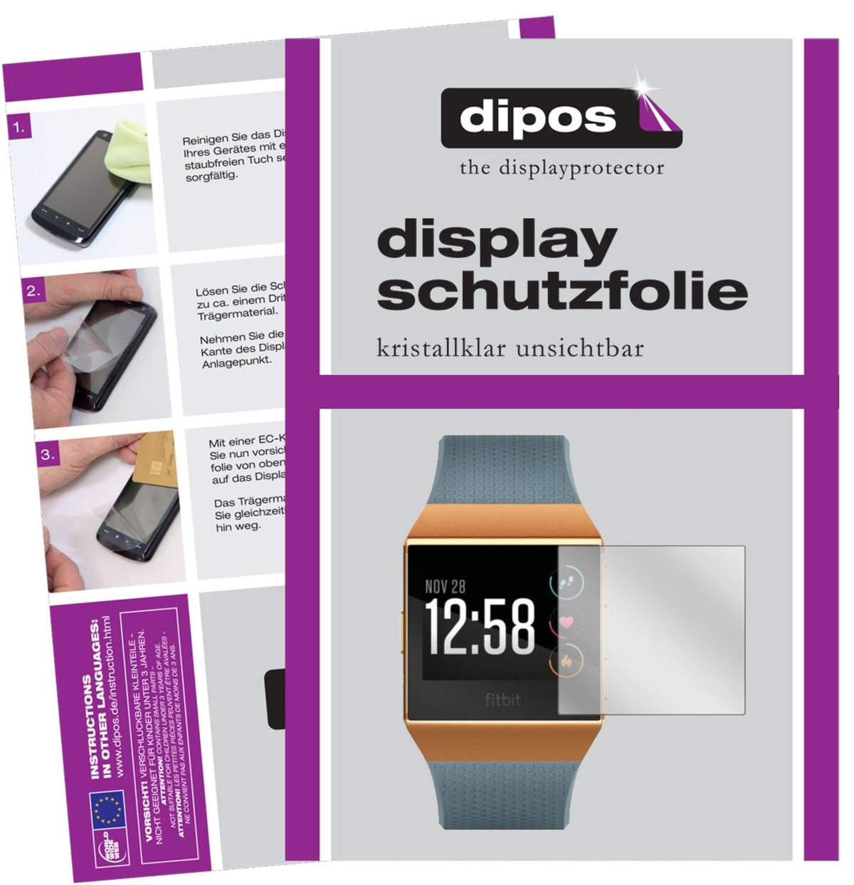 Klare Displayschutzfolie von dipos passend für Fitbit Ionic, präziser Zuschnitt und blasenfrei montiert