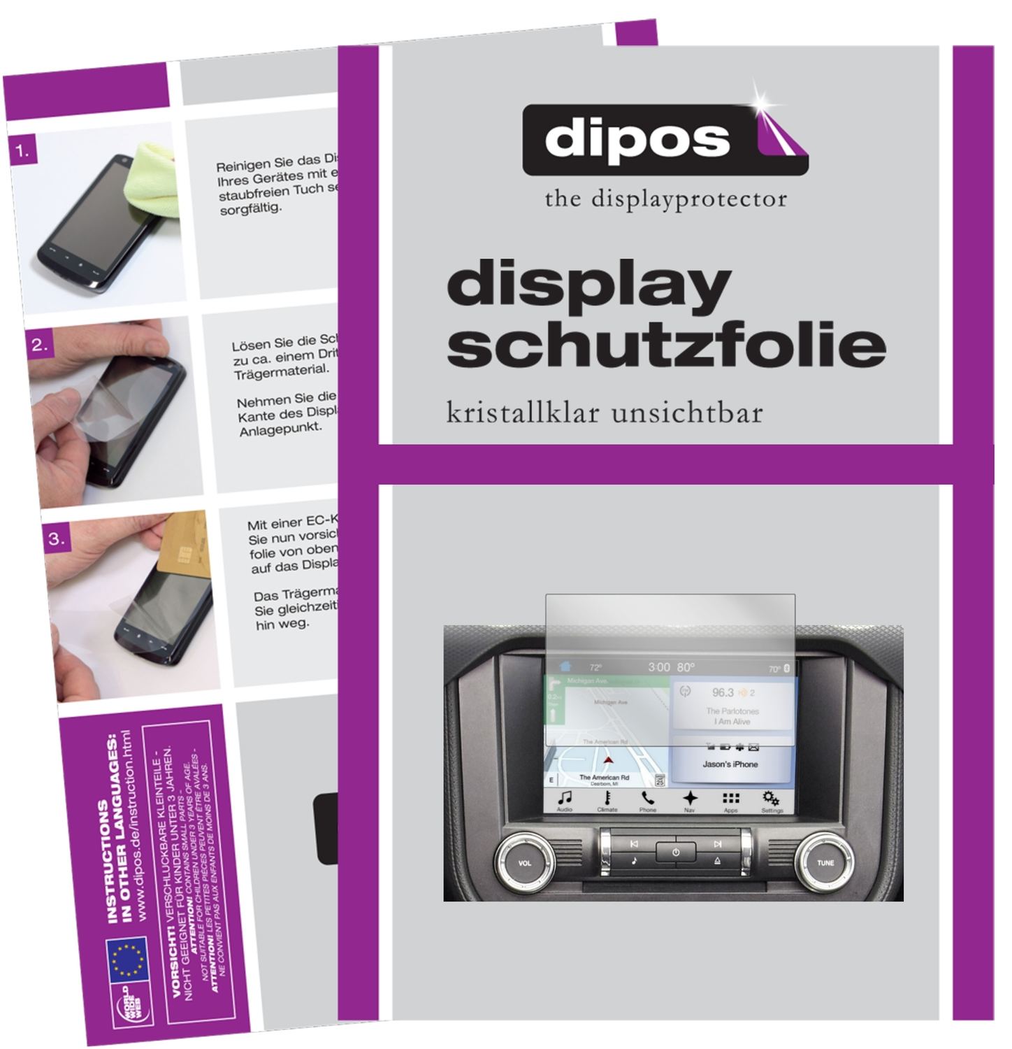 Klare Displayschutzfolie von dipos passend für Ford Mustang Navi (ab BJ 2015), präziser Zuschnitt und blasenfrei montiert