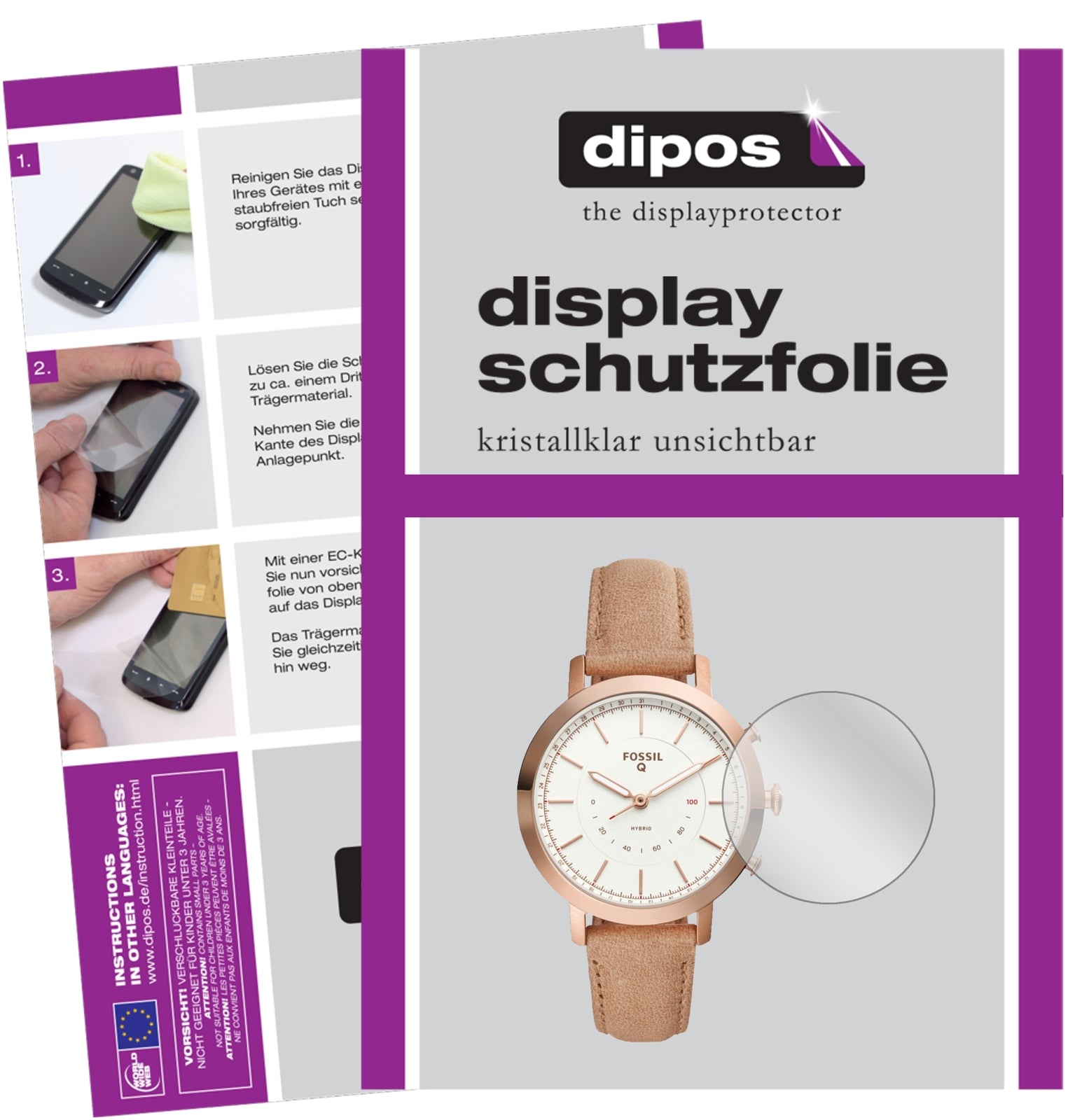 Klare Displayschutzfolie von dipos passend für Fossil Q Neely, präziser Zuschnitt und blasenfrei montiert