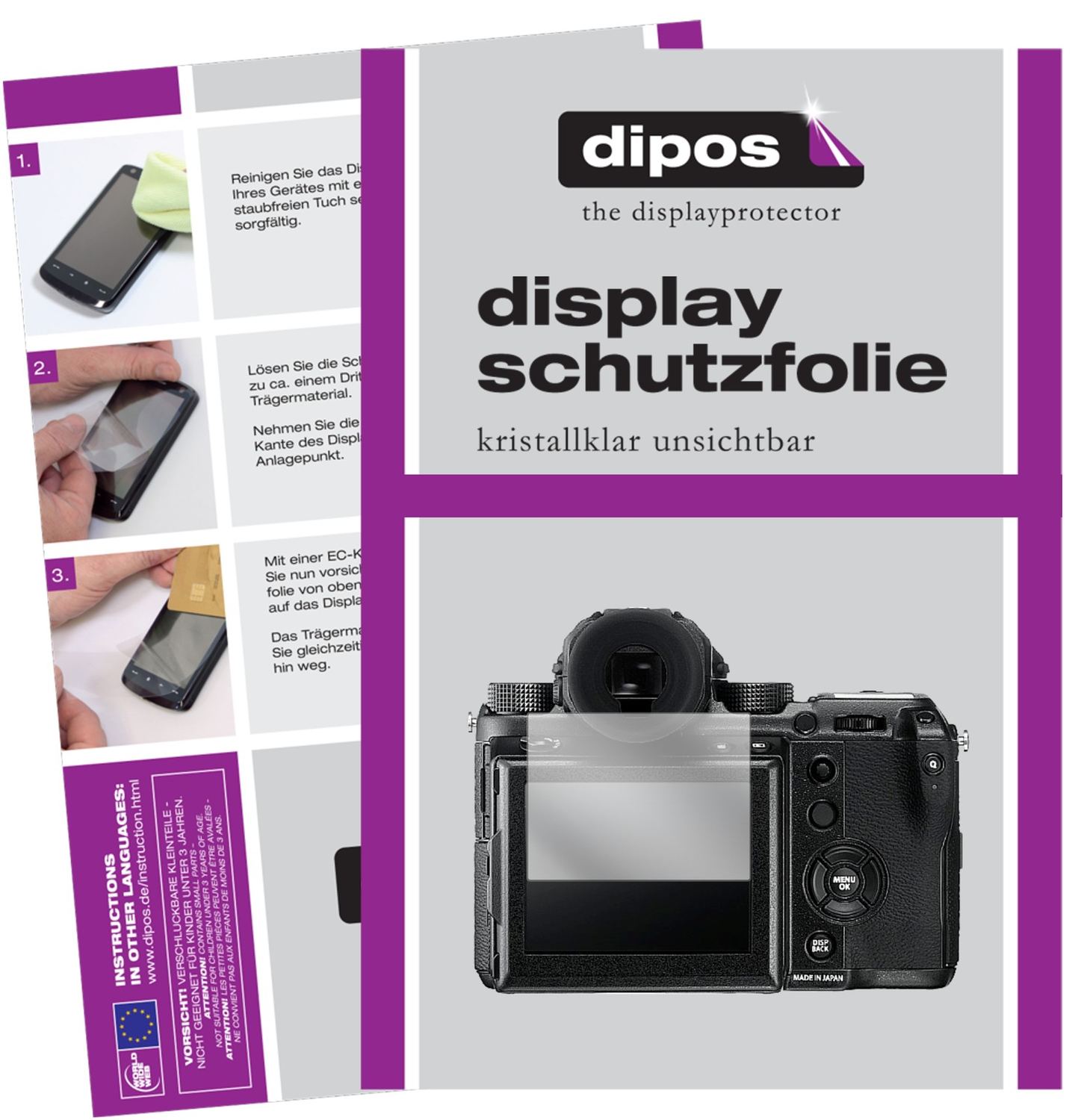 Klare Displayschutzfolie von dipos passend für Fujifilm GXF 50S, präziser Zuschnitt und blasenfrei montiert