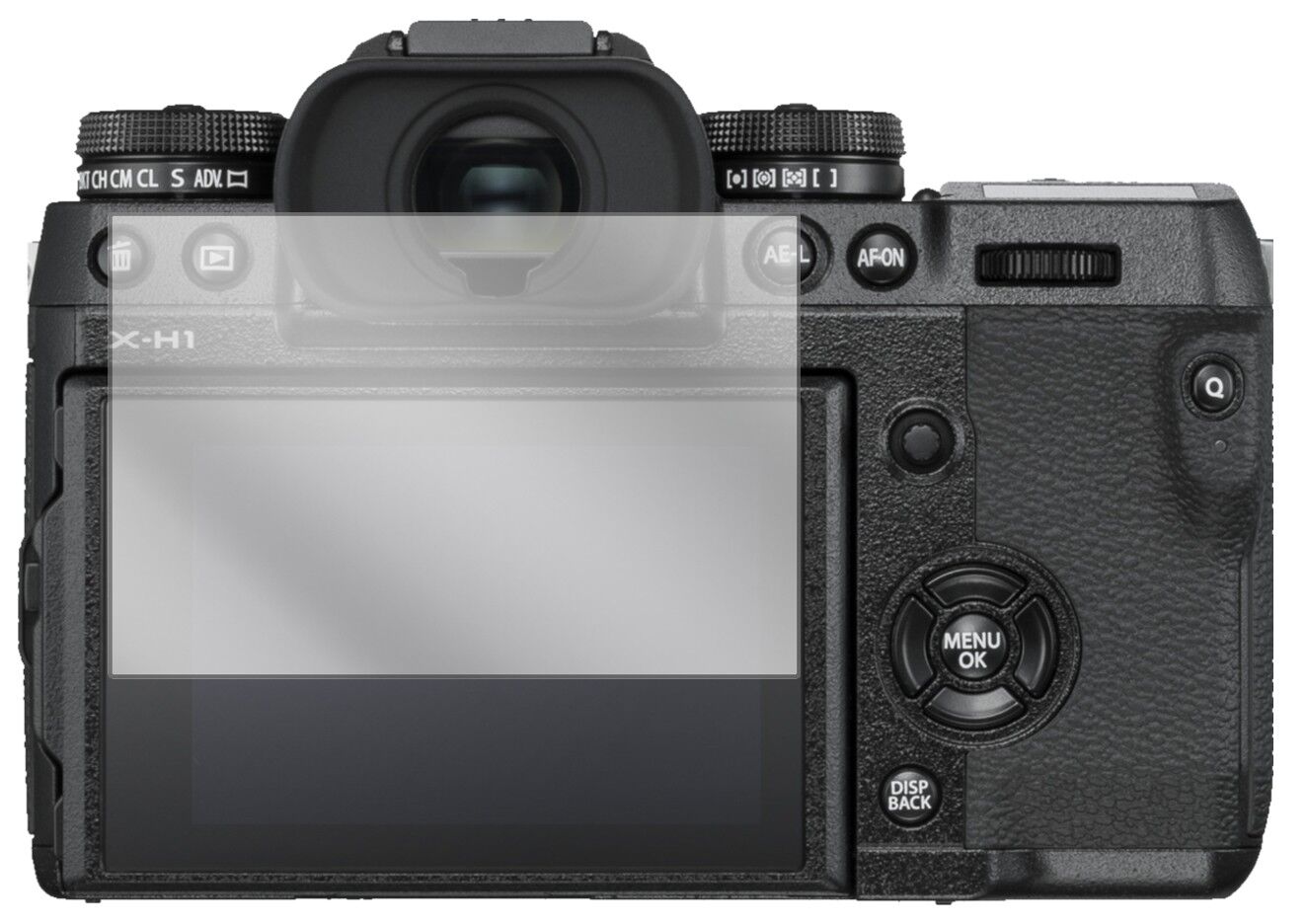 Klare Displayschutzfolie von dipos passend für Fujifilm X-H1, präziser Zuschnitt und blasenfrei montiert