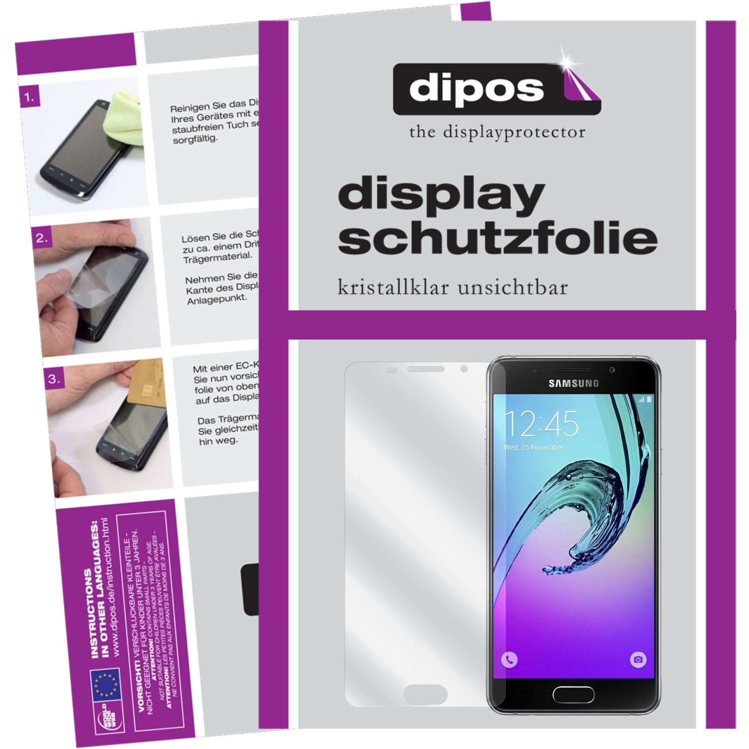 Klare Displayschutzfolie von dipos passend für Galaxy A3 (2016) Samsung, präziser Zuschnitt und blasenfrei montiert