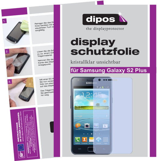 Klare Displayschutzfolie von dipos passend für Galaxy S2 Plus Samsung, präziser Zuschnitt und blasenfrei montiert