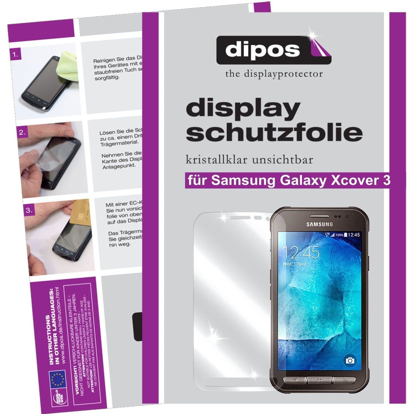 Klare Displayschutzfolie von dipos passend für Galaxy Xcover 3 Samsung, präziser Zuschnitt und blasenfrei montiert