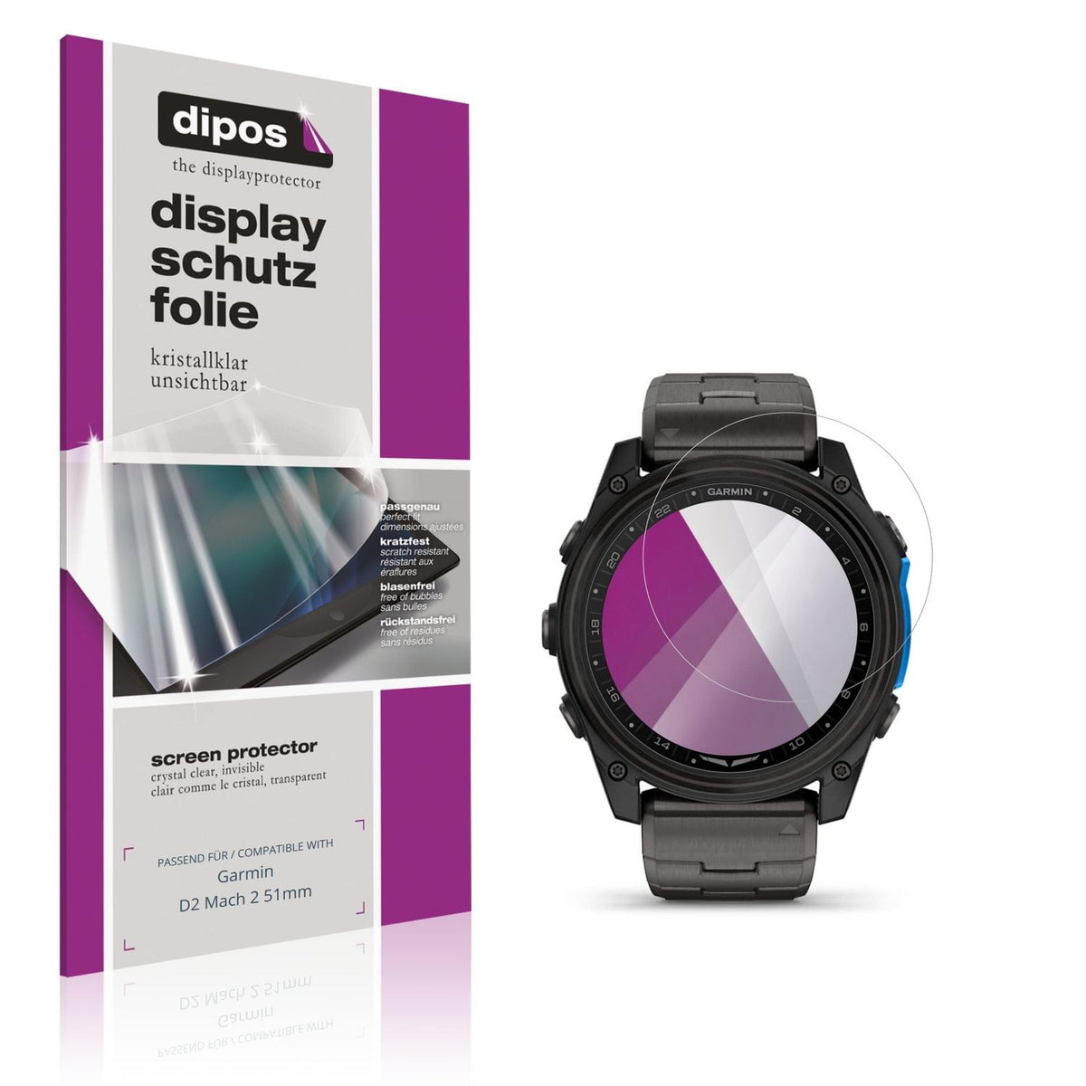 Klare Displayschutzfolie von dipos passend für Garmin D2 Mach 2 51mm, präziser Zuschnitt und blasenfrei montiert