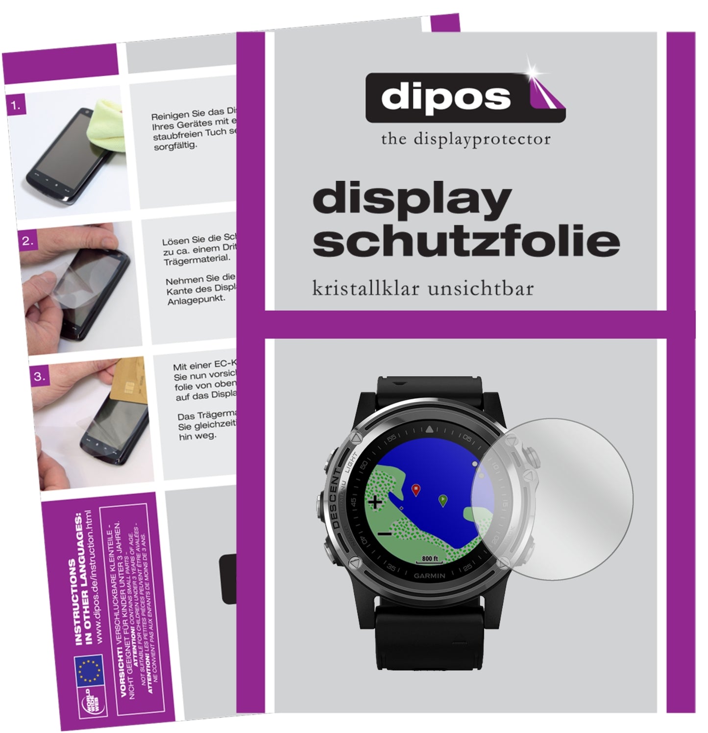 Klare Displayschutzfolie von dipos passend für Garmin Descent Mk1, präziser Zuschnitt und blasenfrei montiert