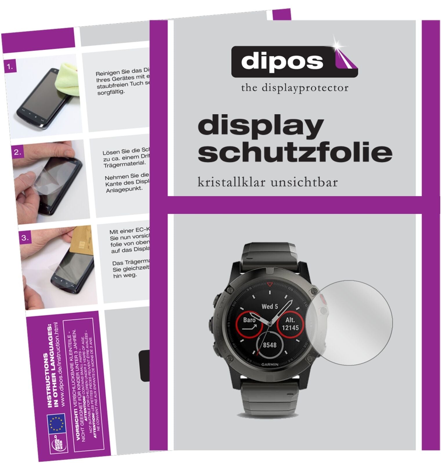 Klare Displayschutzfolie von dipos passend für Garmin Fenix 5X, präziser Zuschnitt und blasenfrei montiert