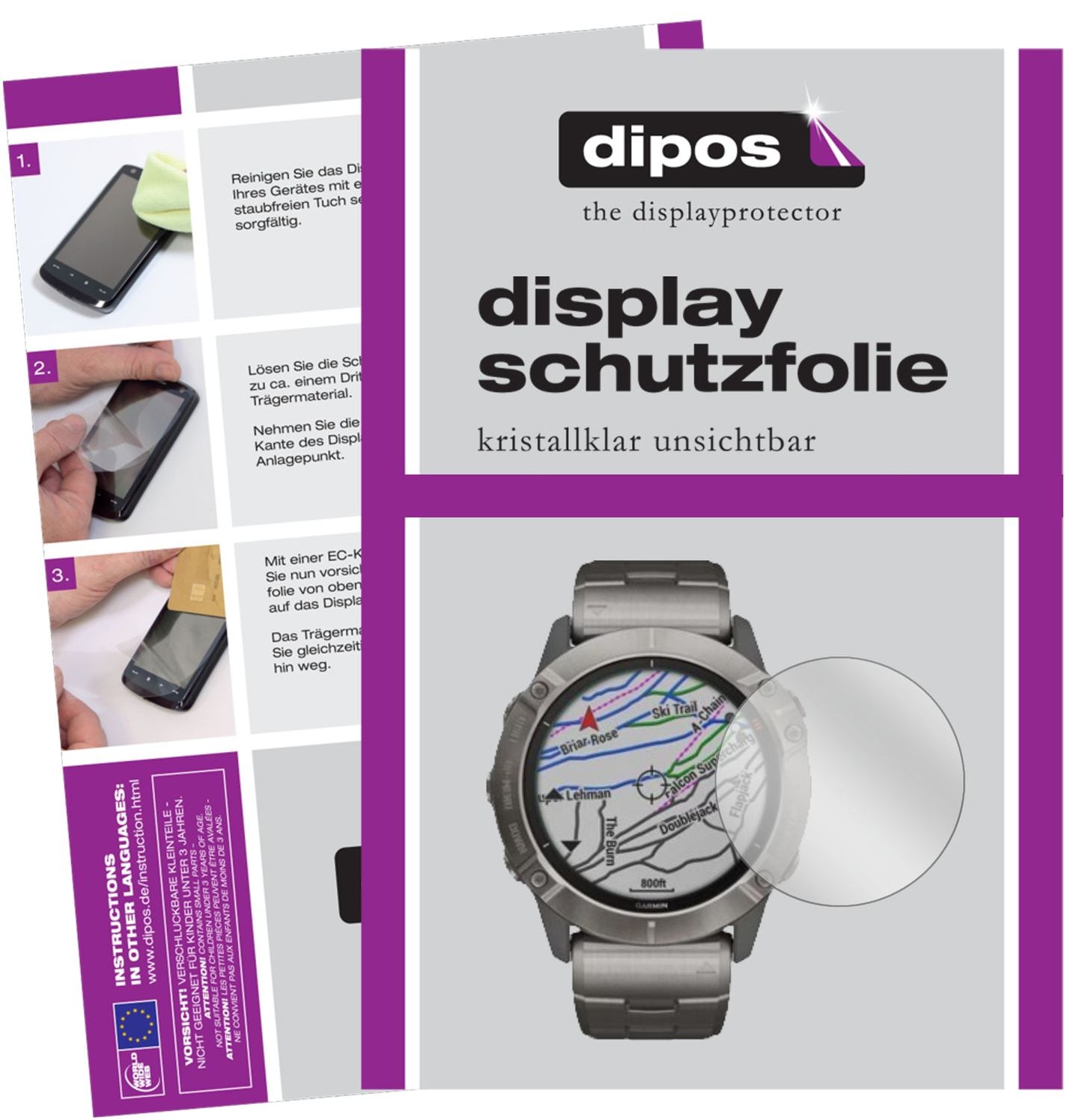 Klare Displayschutzfolie von dipos passend für Garmin fenix 6 Pro, präziser Zuschnitt und blasenfrei montiert
