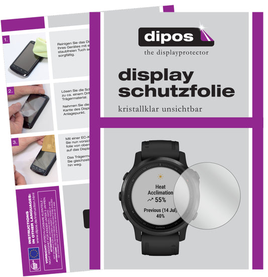 Klare Displayschutzfolie von dipos passend für Garmin fenix 6S Pro, präziser Zuschnitt und blasenfrei montiert