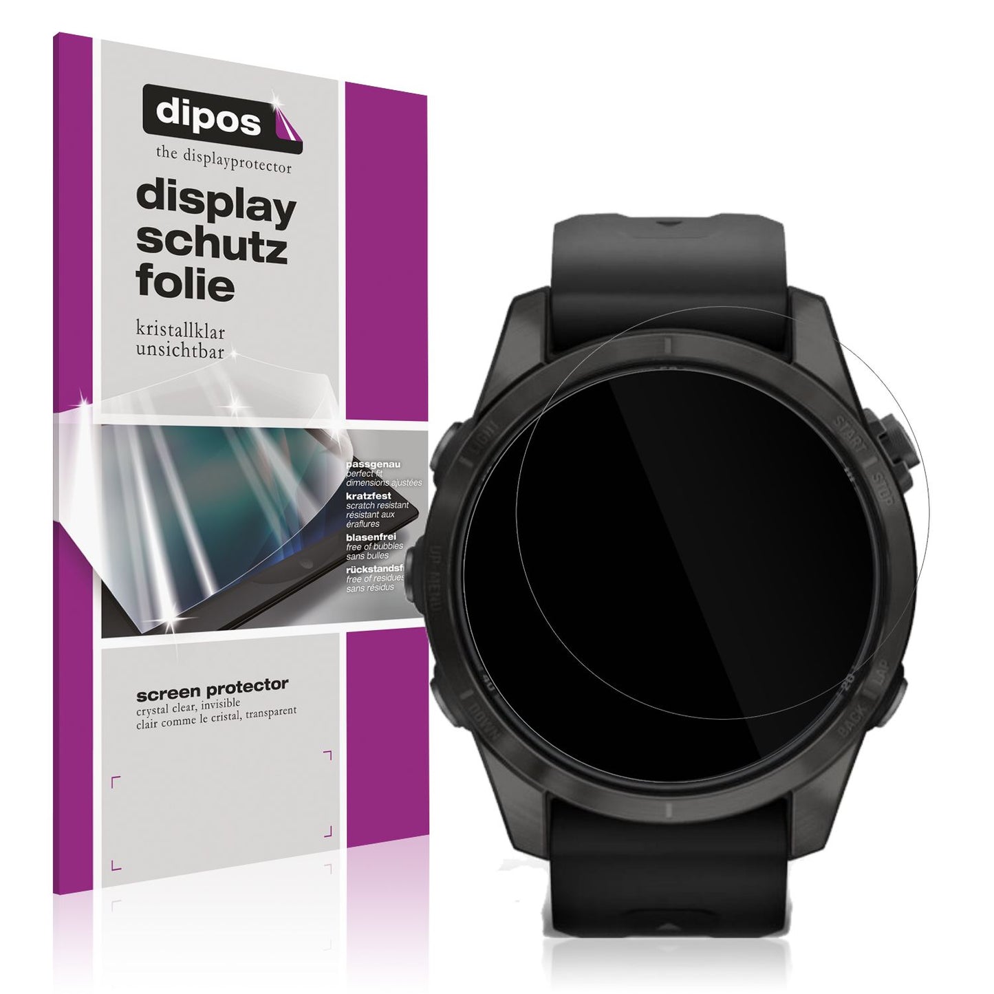 Klare Displayschutzfolie von dipos passend für Garmin Fenix 7s Pro 47mm, präziser Zuschnitt und blasenfrei montiert