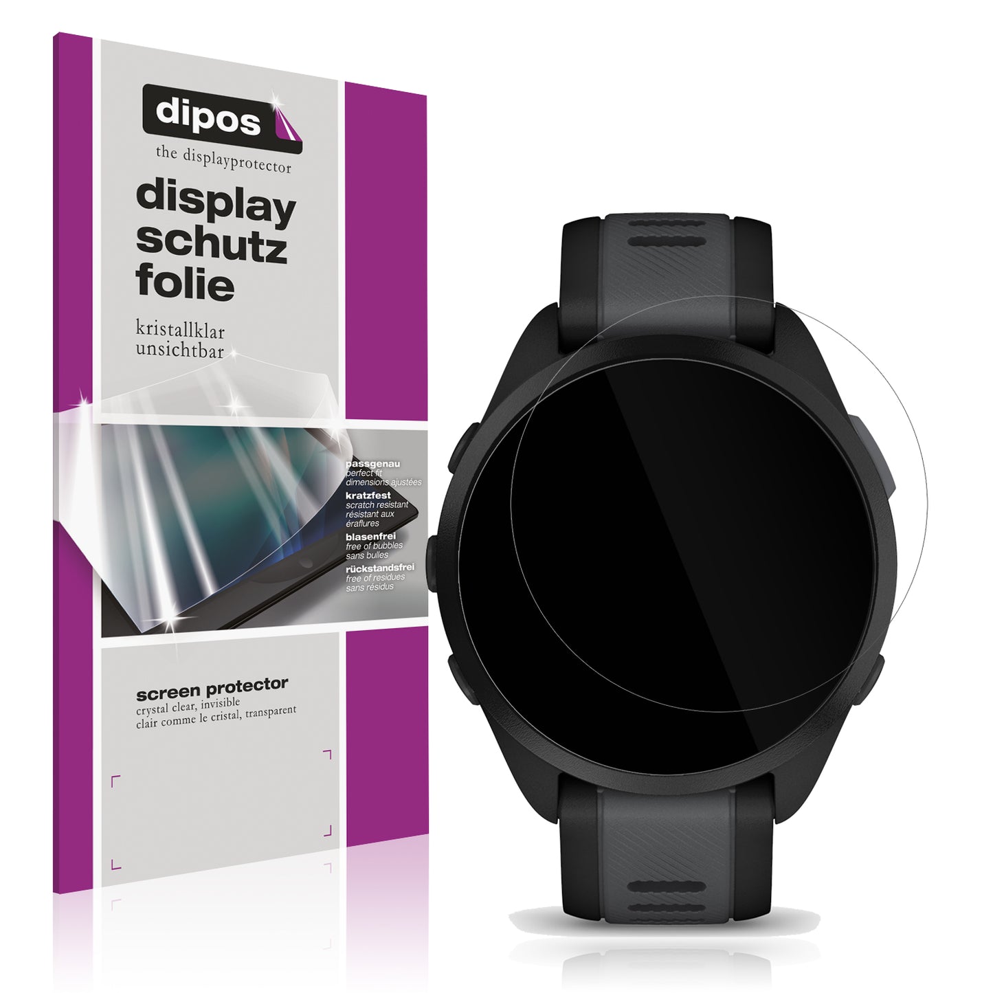 Klare Displayschutzfolie von dipos passend für Garmin Forerunner 165, präziser Zuschnitt und blasenfrei montiert