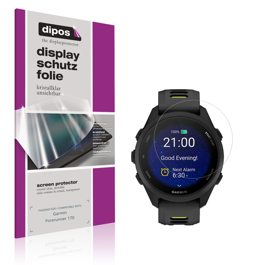 Klare Displayschutzfolie von dipos passend für Garmin Forerunner 170, präziser Zuschnitt und blasenfrei montiert
