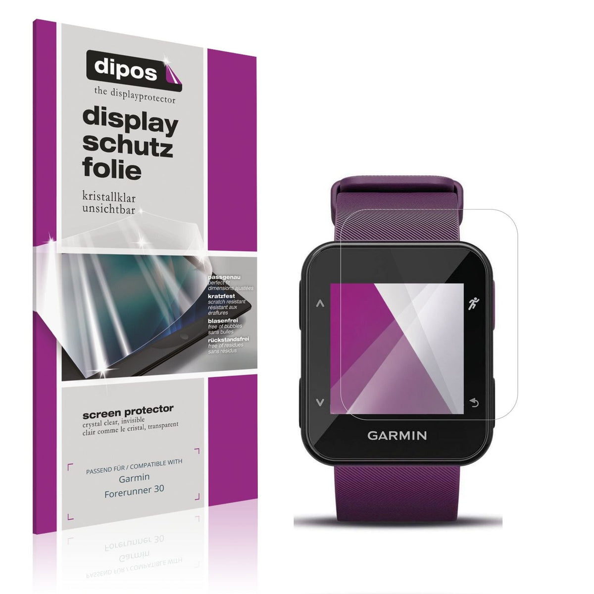 Klare Displayschutzfolie von dipos passend für Garmin Forerunner 30, präziser Zuschnitt und blasenfrei montiert