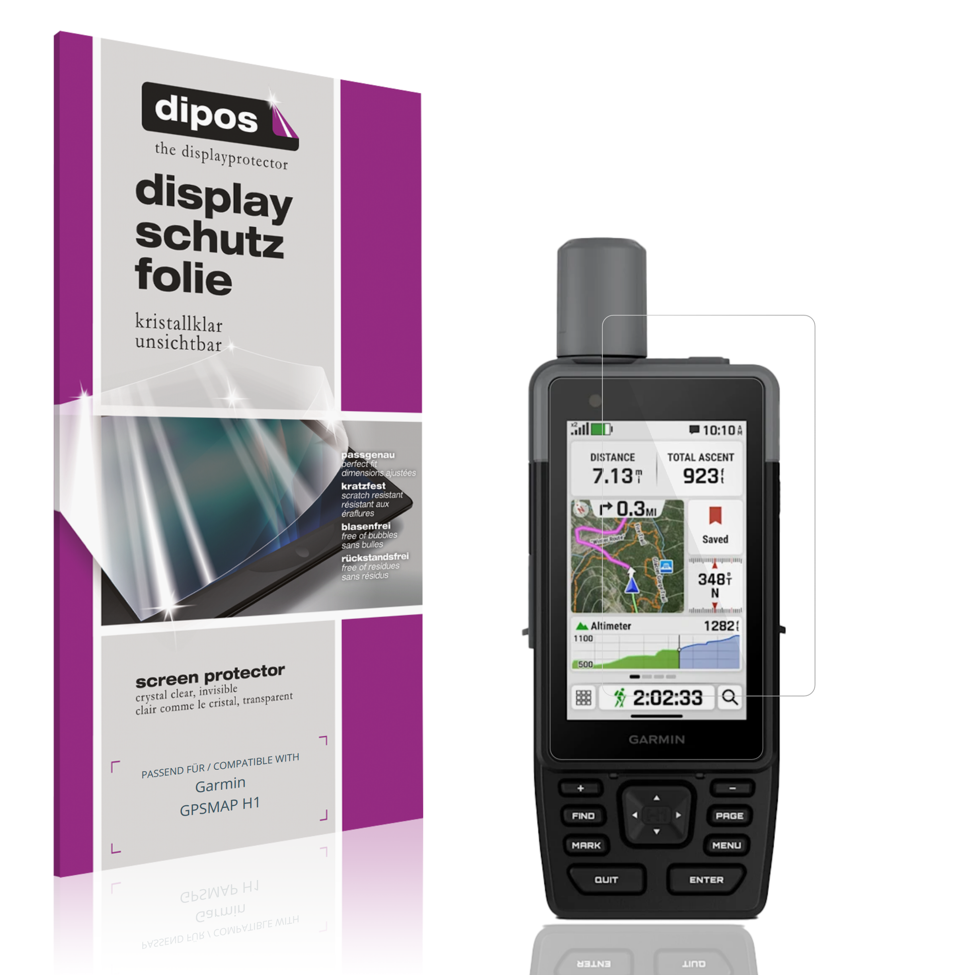 Klare Displayschutzfolie von dipos passend für Garmin GPSMAP H1, präziser Zuschnitt und blasenfrei montiert